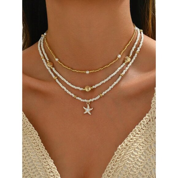 Bohemian Layered Beaded Necklace for Women Seashell Starfish Choker Jewelry - Picture 2 of 6